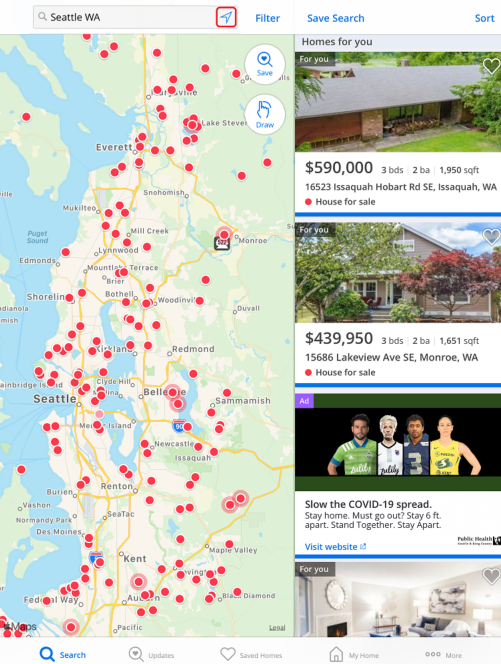 How do I search for homes on the Zillow mobile app  